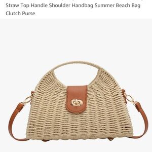 Straw Top Handle Shoulder Handbag with Tan Accents